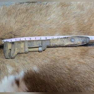Antique Monkey Wrench Wood And Metal Rusty Gold